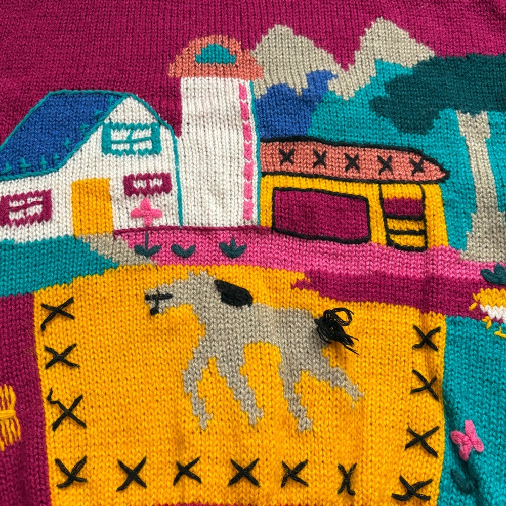 Vintage 80s WHITE STAG sweater knit farm scene folk art whimsical rare sz M EUC - Picture 3 of 16
